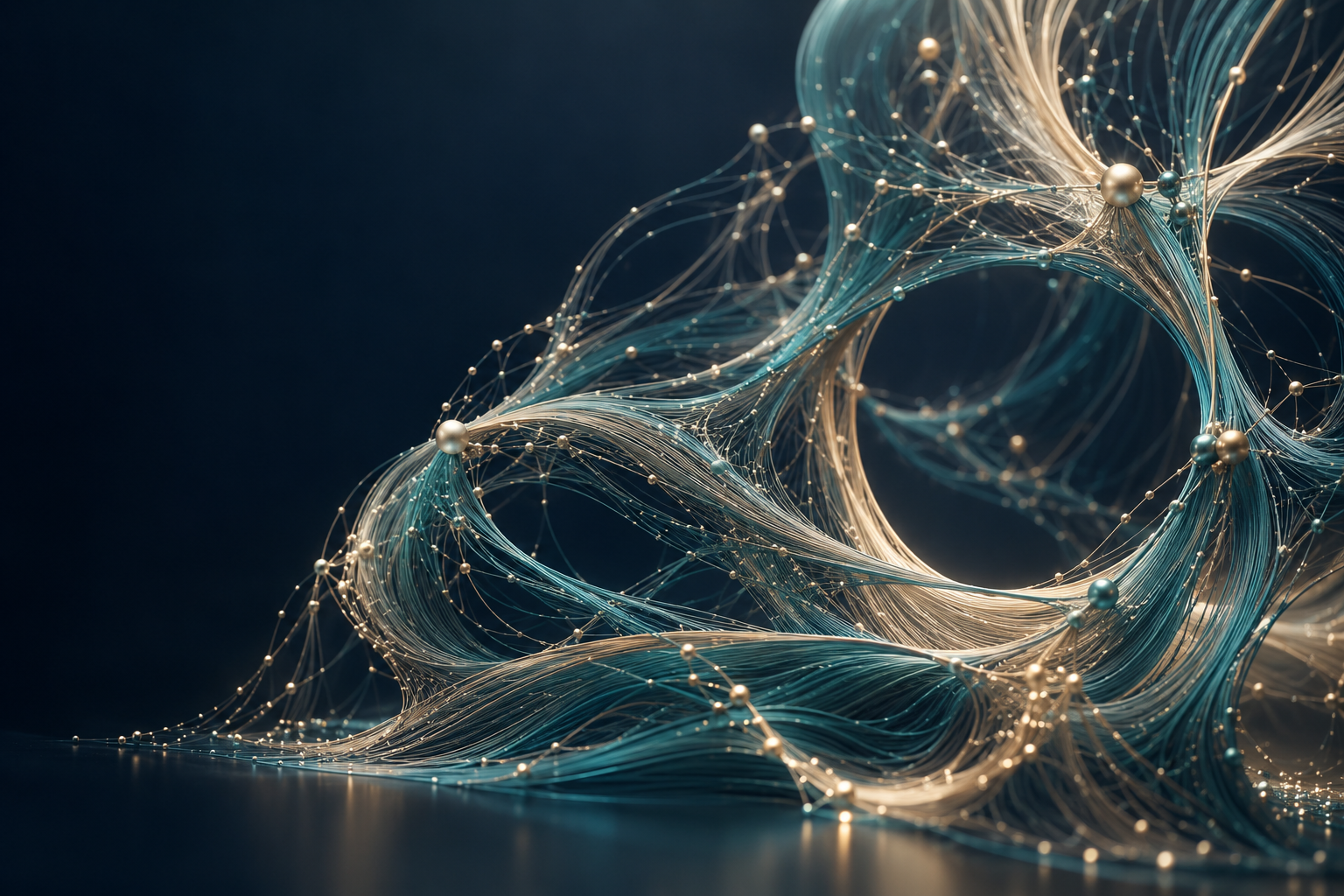 Fine teal and gold strands form a flowing network of connected points.